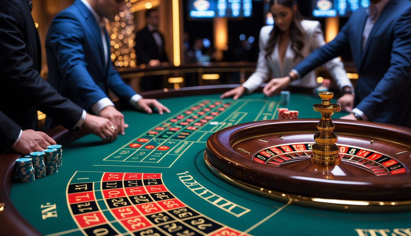 Meja roulette dengan roda berputar dan pemain yang memasang taruhan di kasino langsung.