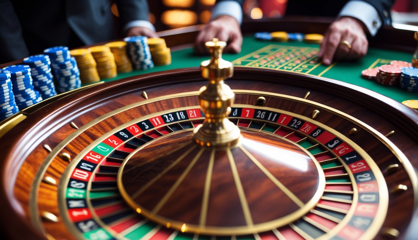 Meja roulette dengan roda triple nol dan tumpukan chip taruhan di kasino.