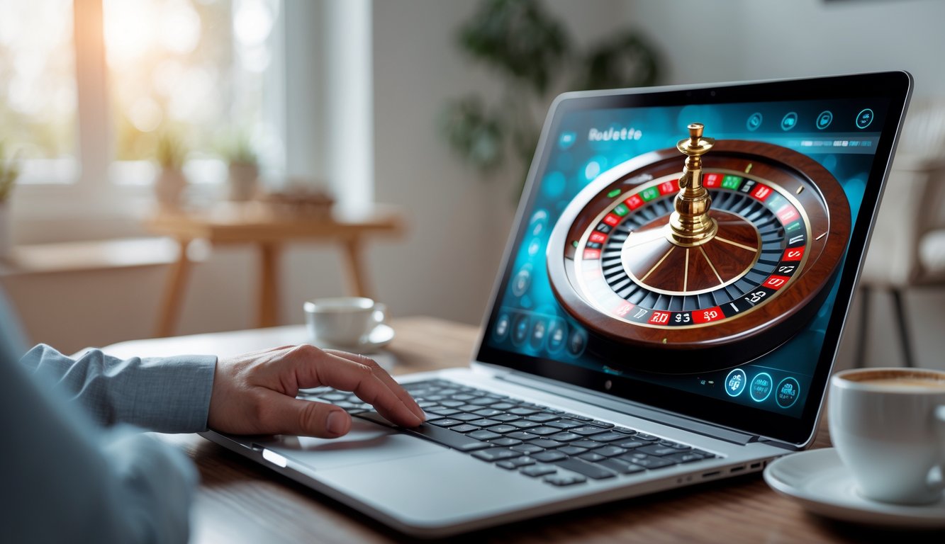 Seorang pemula bermain roulette online dengan laptop di ruangan rumah yang nyaman.