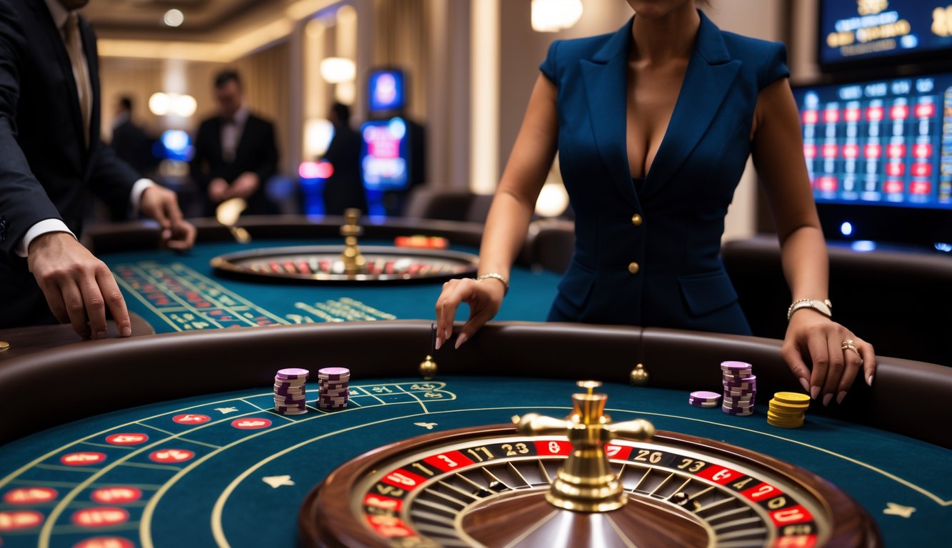 Seorang dealer profesional sedang memutar roda roulette di meja kasino dengan pemain yang memasang taruhan.