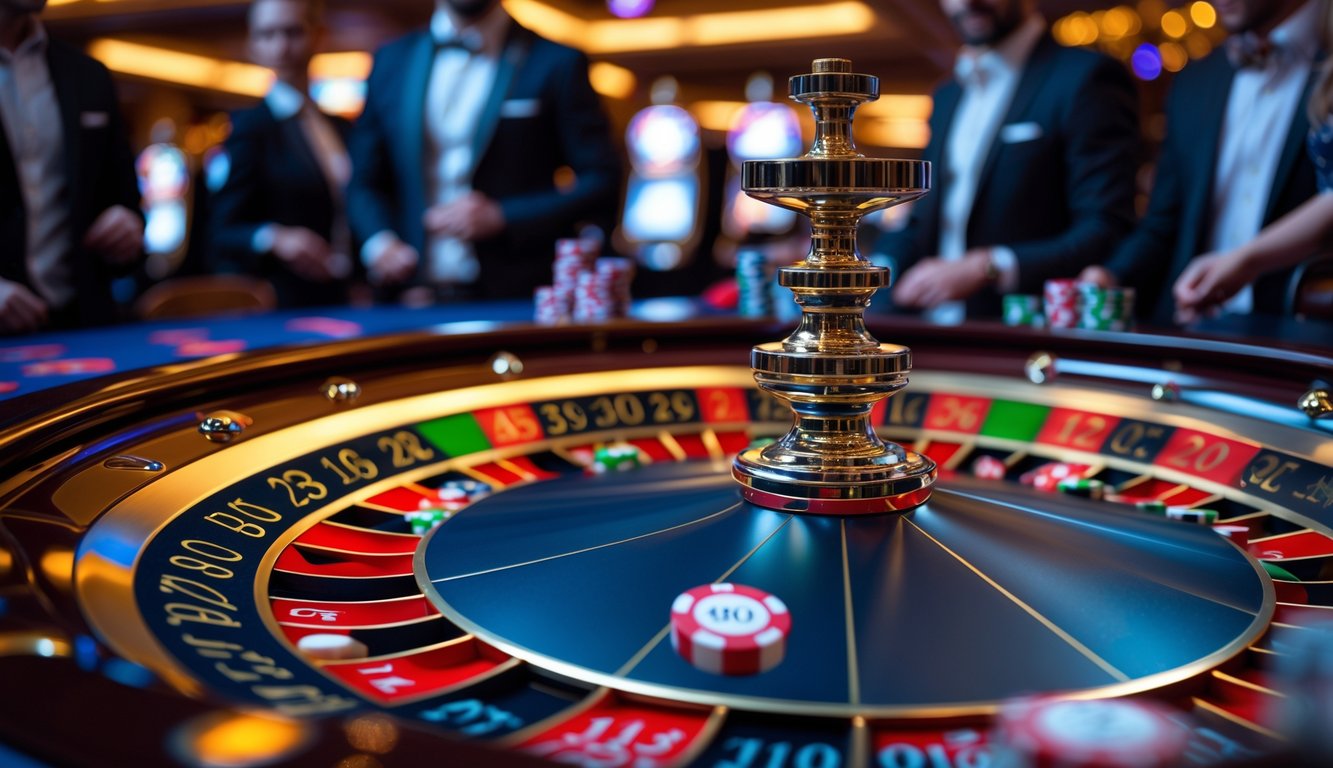 Meja roulette mewah dengan roda roulette modern dan pemain yang memasang chip di kasino yang elegan.