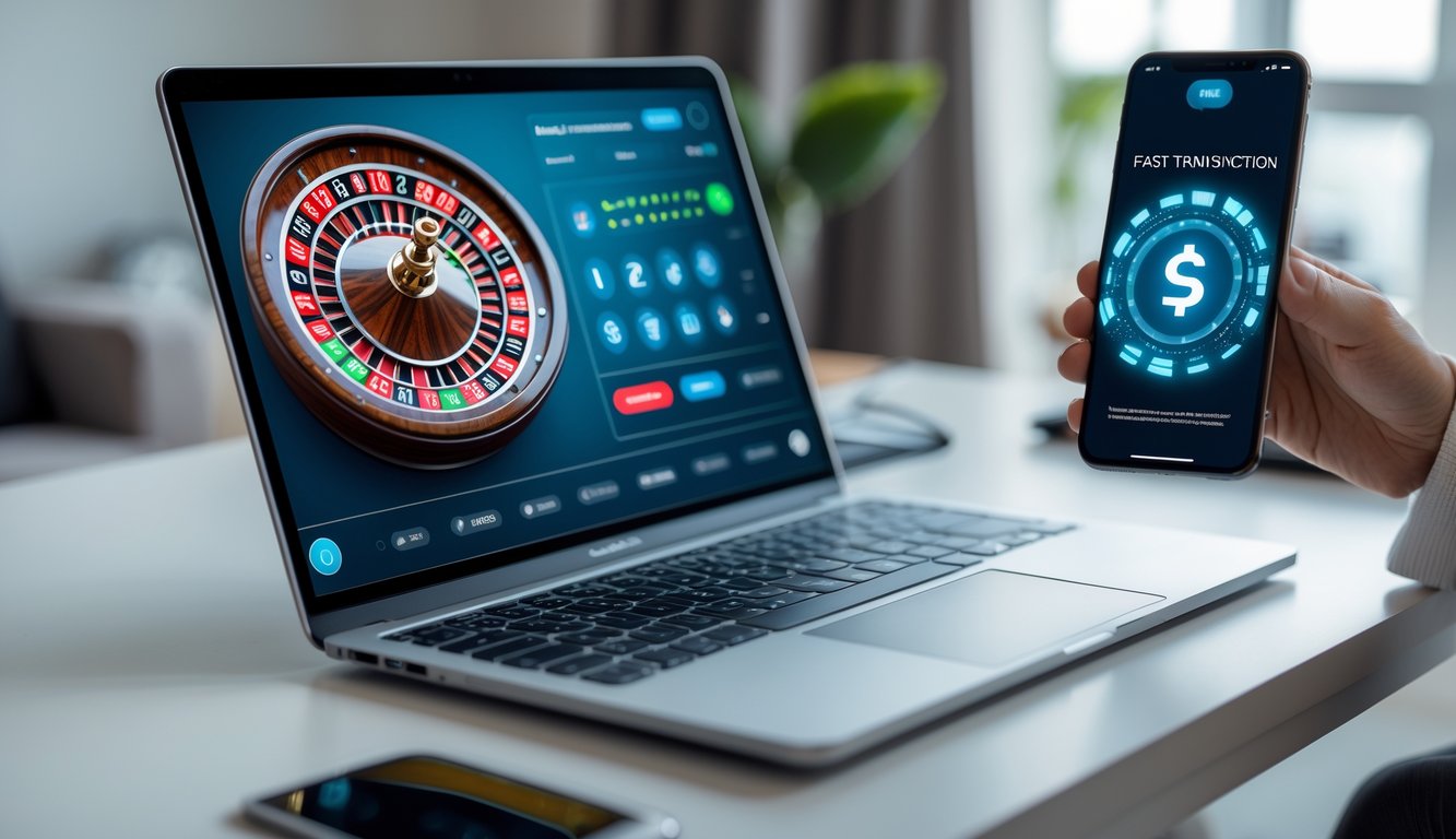 Seorang pengguna sedang bermain roulette online di komputer dengan tampilan transaksi cepat di ponsel di meja kerja.