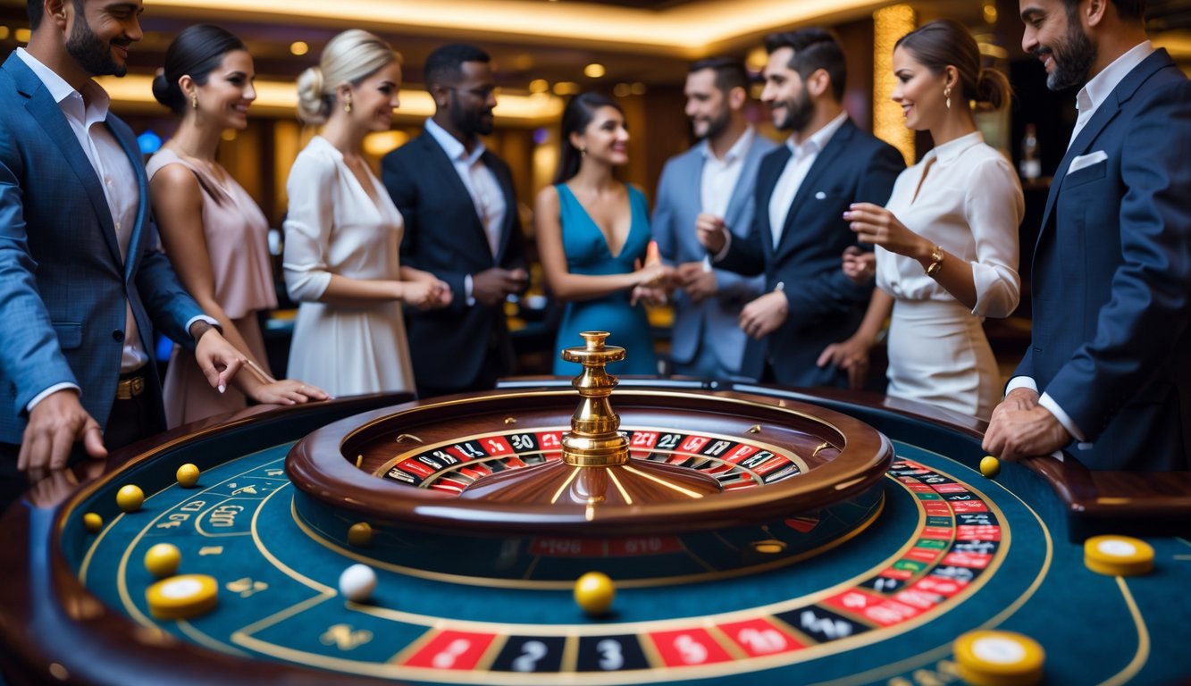 Meja roulette di kasino dengan pemain yang sedang bermain dengan suasana yang profesional dan terpercaya.