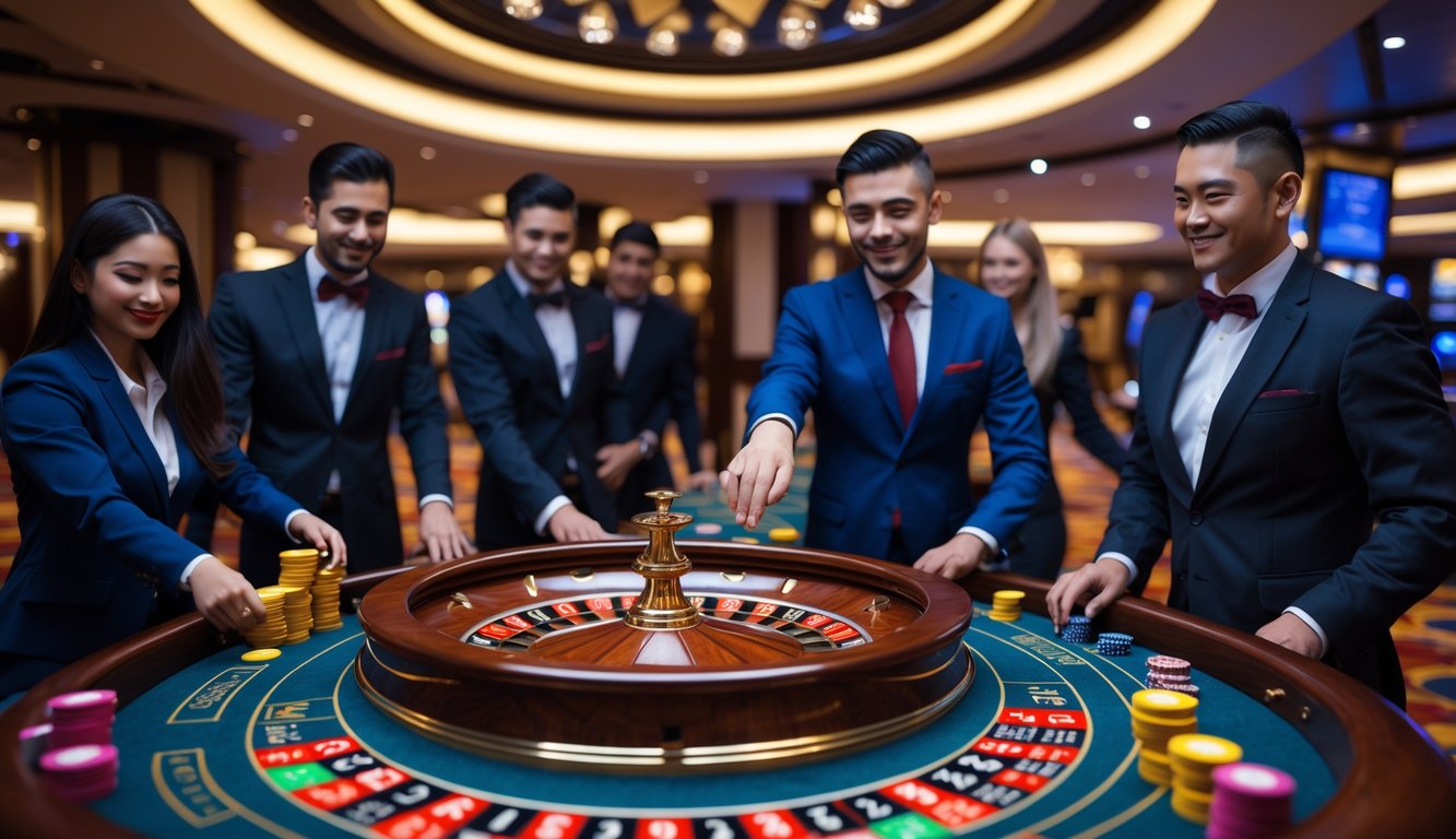 Meja roulette dengan roda triple nol dan dealer yang sedang memutar roda di kasino mewah dengan beberapa pemain yang memasang chip.