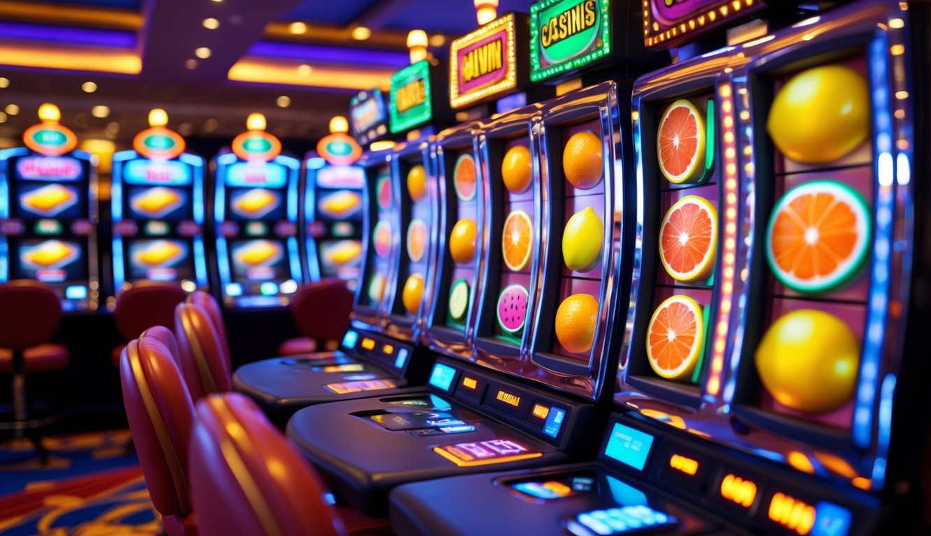 Mesin slot dengan simbol buah berwarna-warni di dalam kasino yang ramai dan cerah dengan koin berkilauan dan dekorasi perayaan.