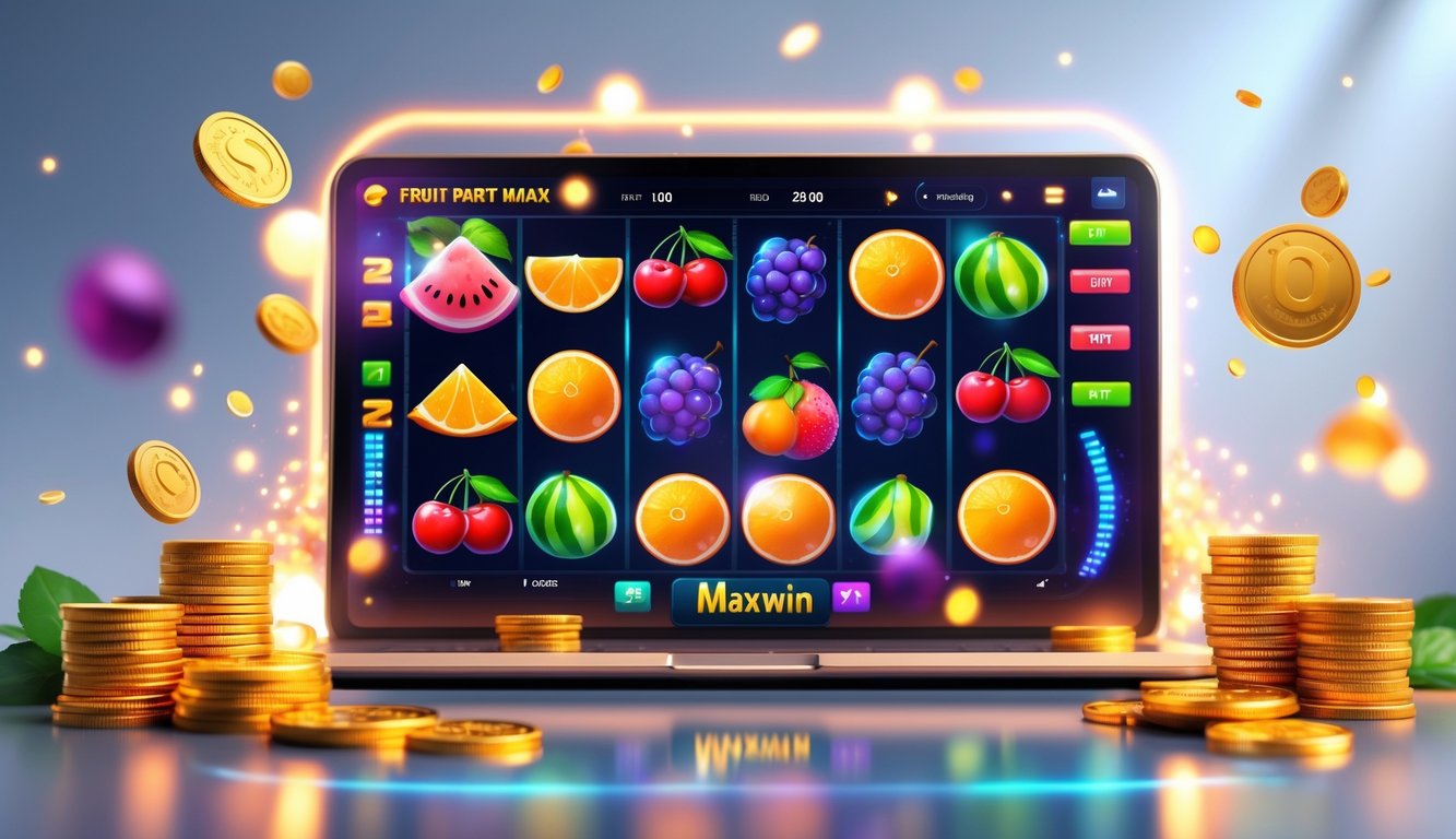 Setup permainan slot online dengan layar menampilkan gulungan buah berwarna-warni dan koin emas di sekitarnya.