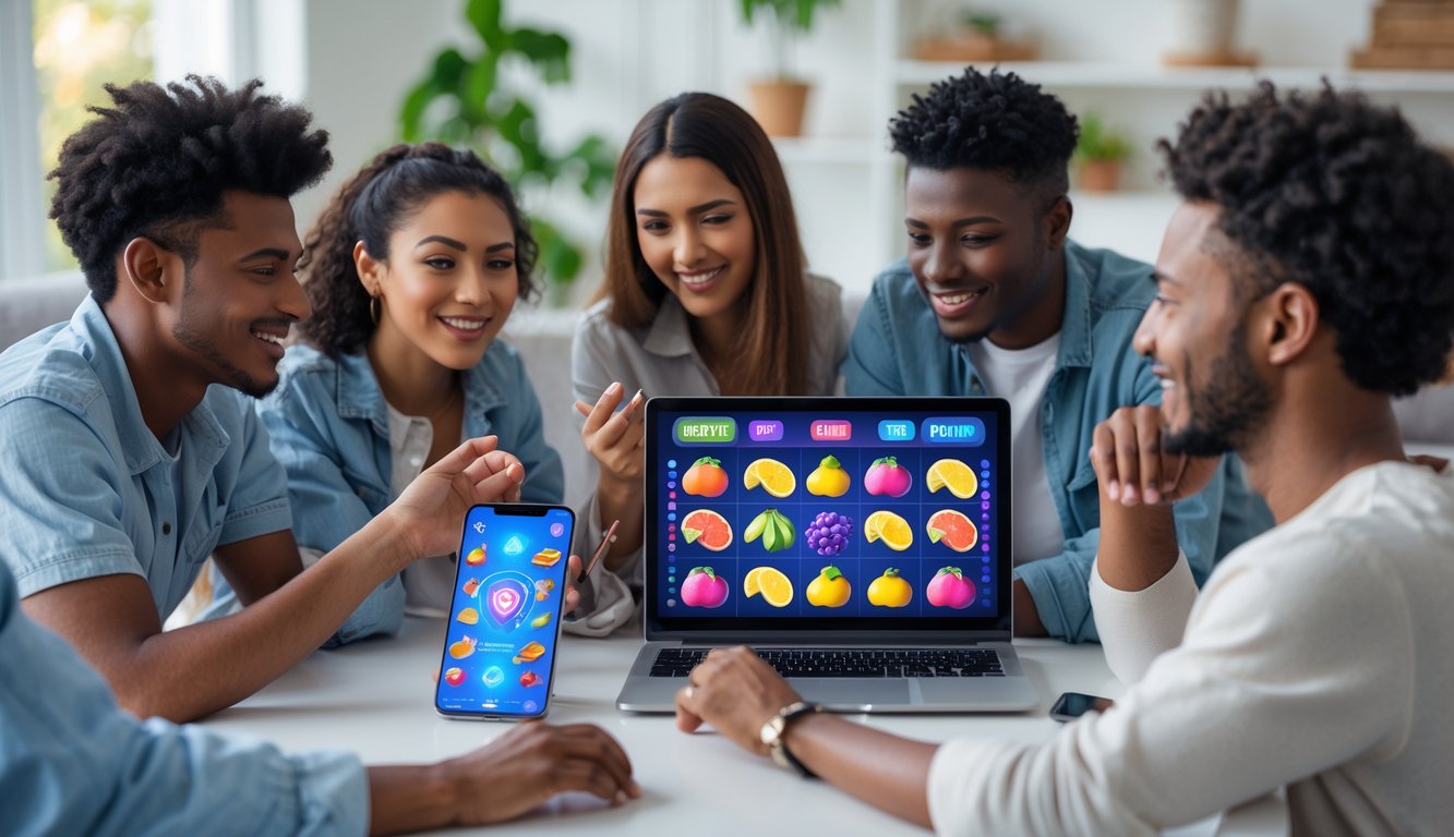 Sekelompok orang muda sedang bermain permainan slot buah di laptop dan ponsel di ruang tamu yang nyaman.