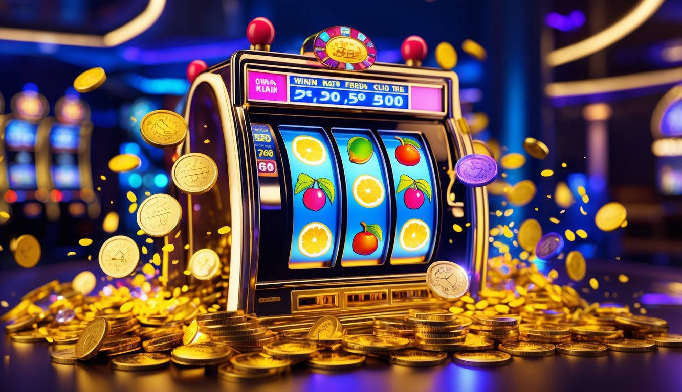 Mesin slot buah berwarna cerah dengan koin emas yang melimpah dan suasana kasino yang meriah.