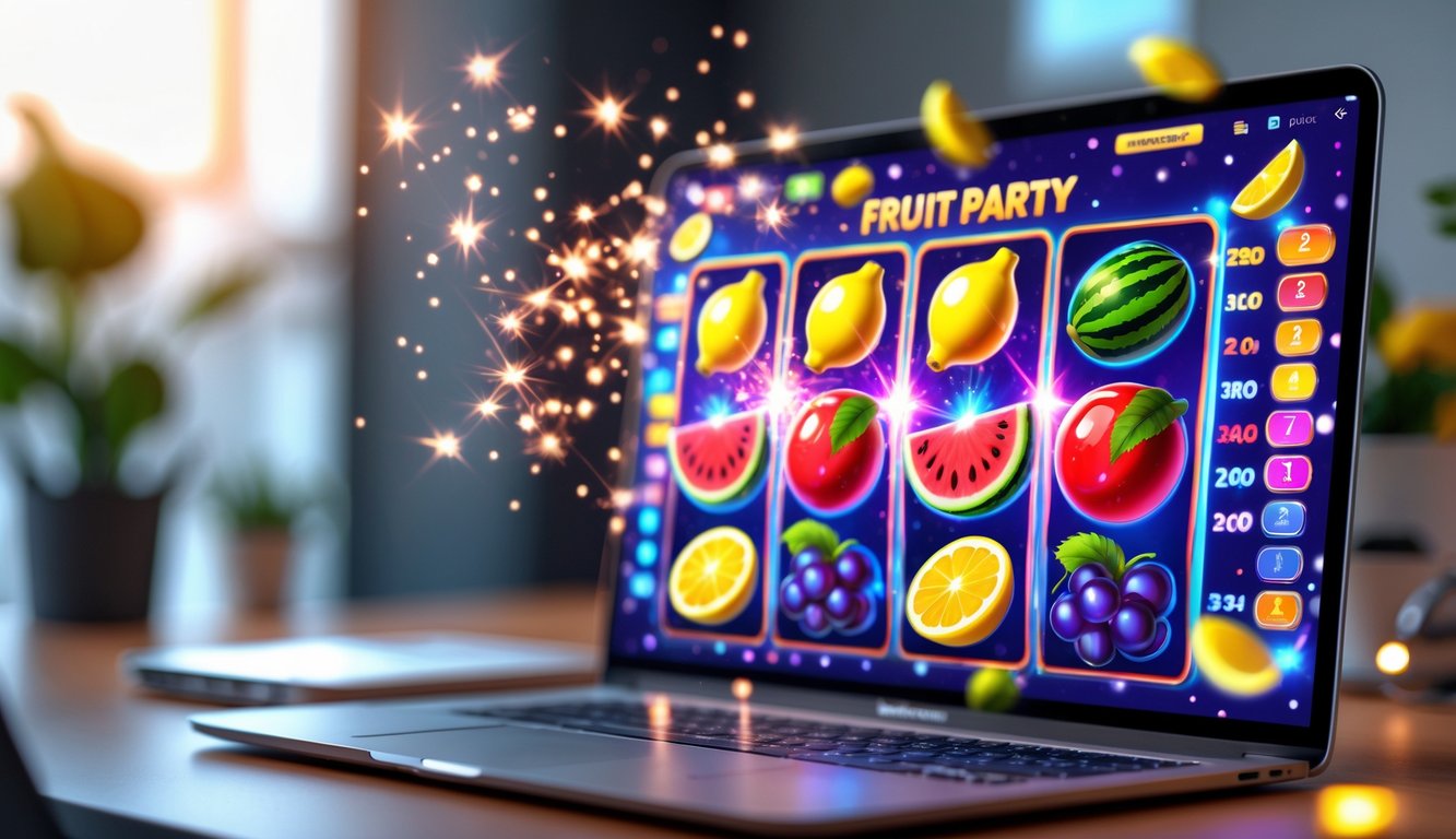 Tampilan layar permainan slot buah yang cerah dan berwarna-warni di perangkat modern di atas meja bersih.