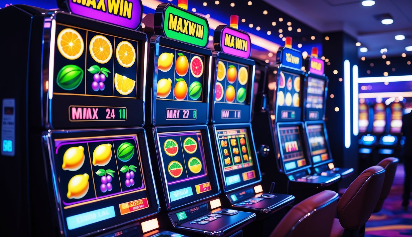Area mesin slot dengan simbol buah berwarna-warni dan suasana kemenangan, dengan seorang petugas kasino yang ramah di dekatnya.