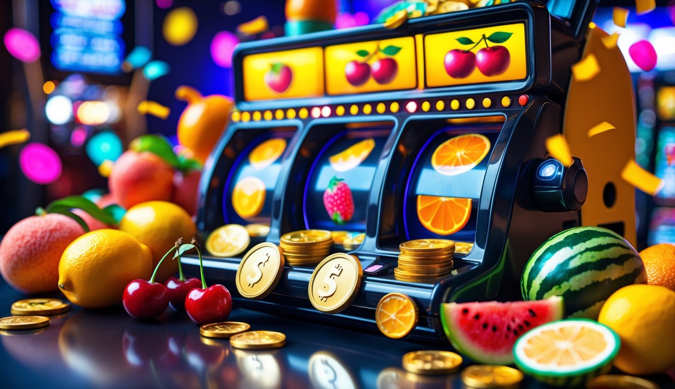 Mesin slot dengan buah-buahan warna-warni dan koin berkilauan di latar yang meriah.