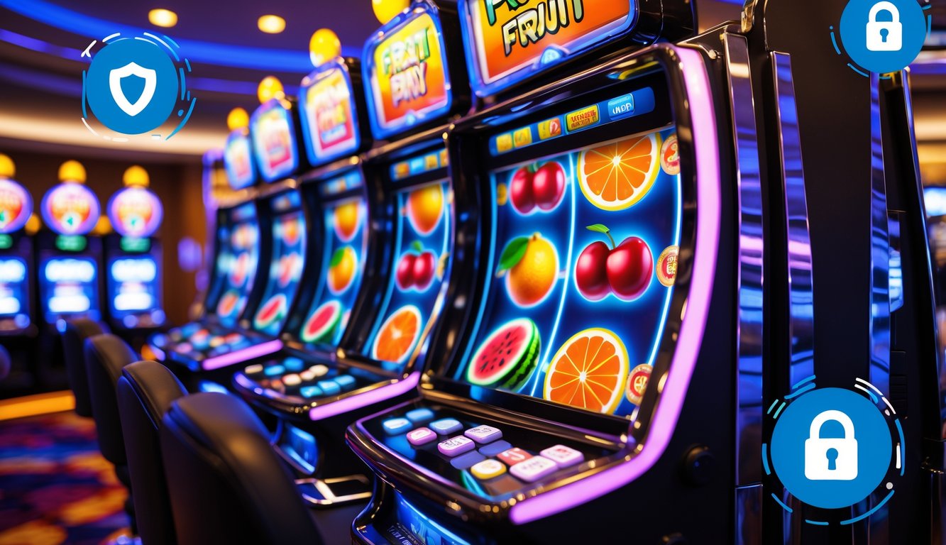 Mesin slot buah berwarna cerah dengan simbol keamanan dan keadilan di latar belakang dalam suasana kasino profesional.