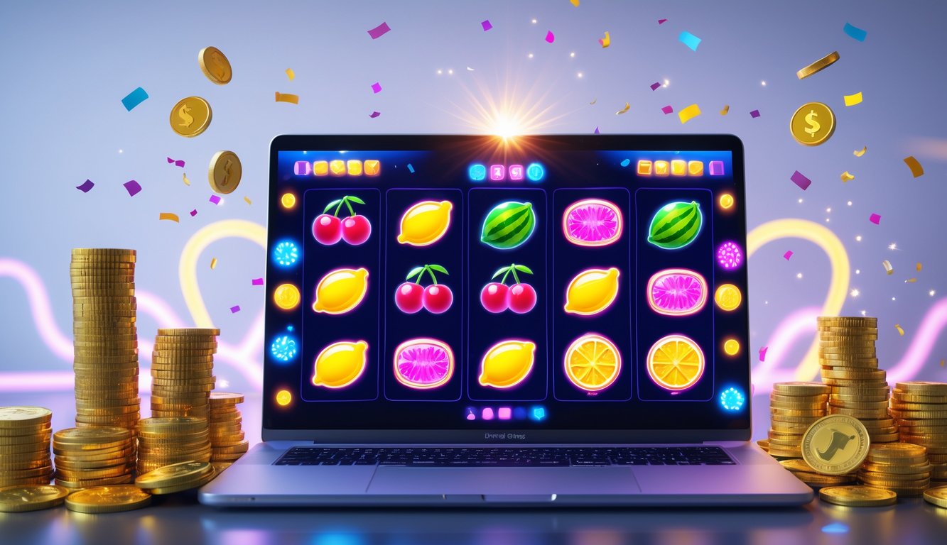 Layar komputer menampilkan permainan slot dengan simbol buah dan tumpukan koin emas di sekitarnya.