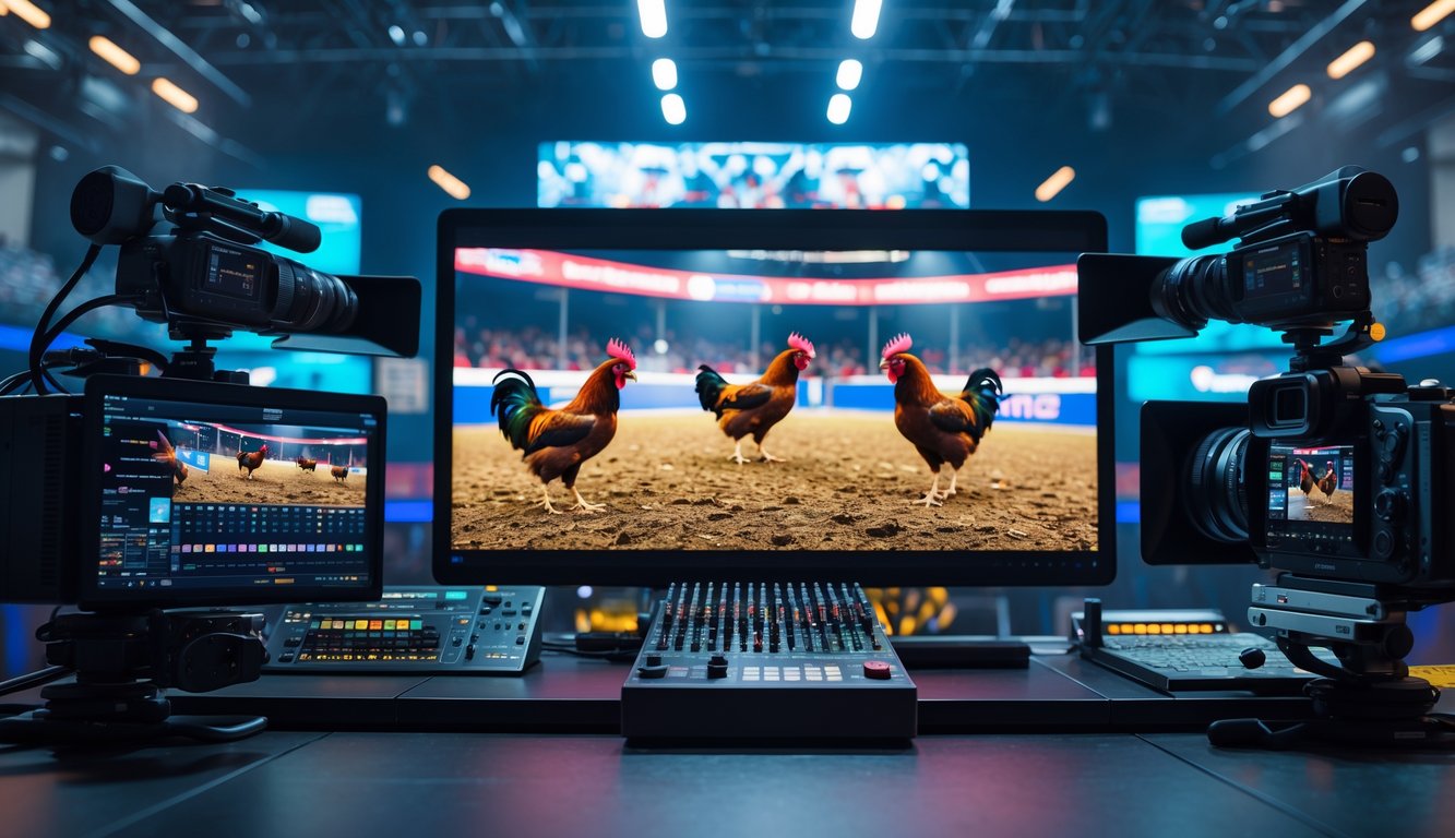 Sebuah setup live streaming profesional yang menampilkan arena sabung ayam dengan beberapa kamera dan layar digital yang menunjukkan aksi secara langsung.