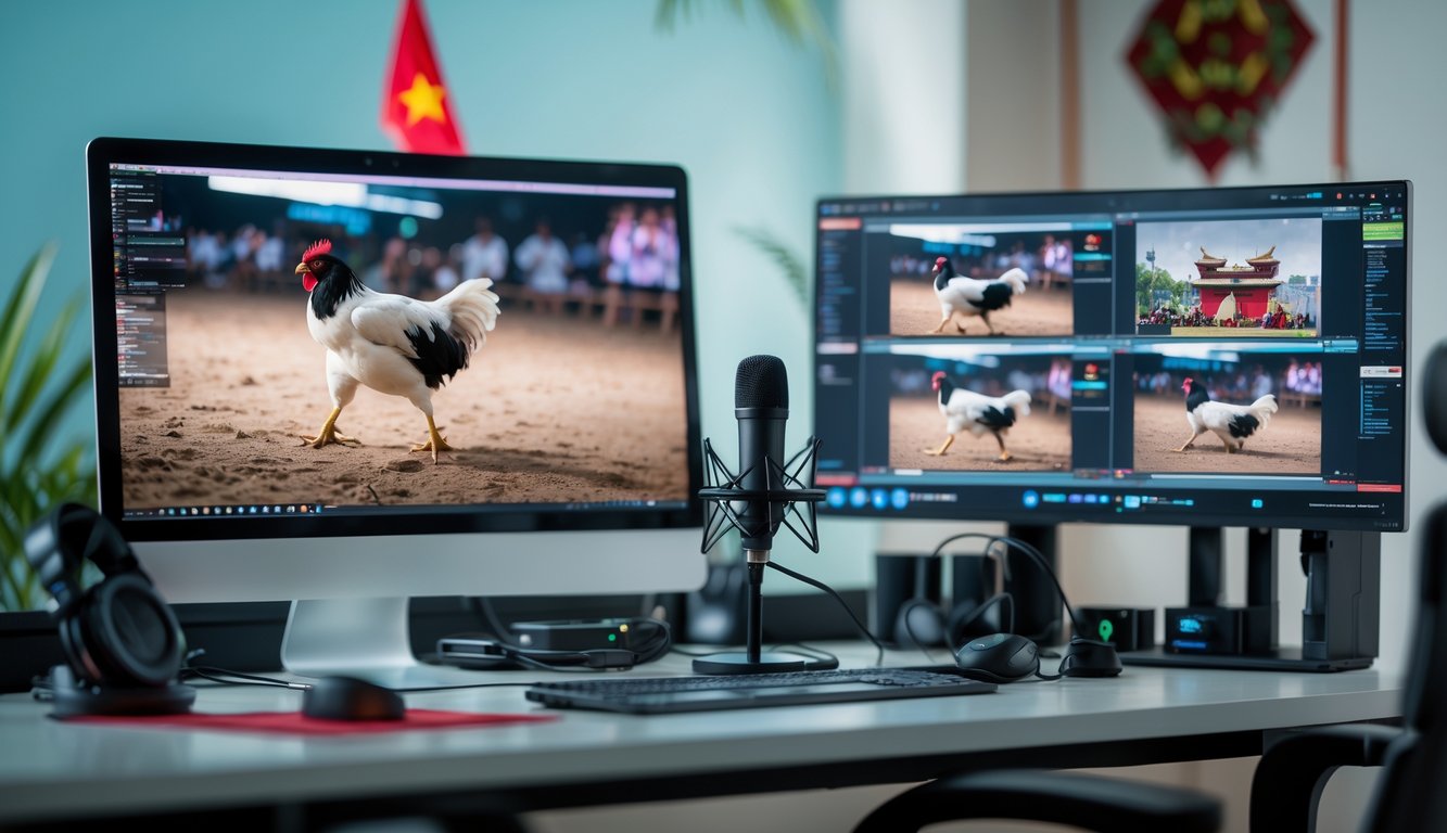 Sebuah ruang kerja modern dengan komputer dan peralatan streaming menampilkan siaran langsung sabung ayam dengan latar belakang dekorasi khas Indonesia.