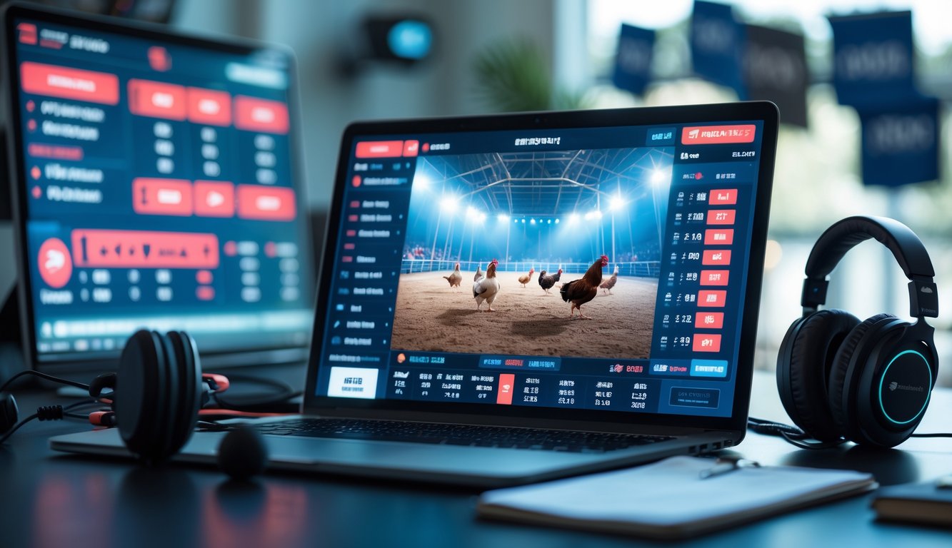 Seseorang sedang menonton siaran langsung sabung ayam dengan layar komputer yang menampilkan pertandingan dan pilihan taruhan.