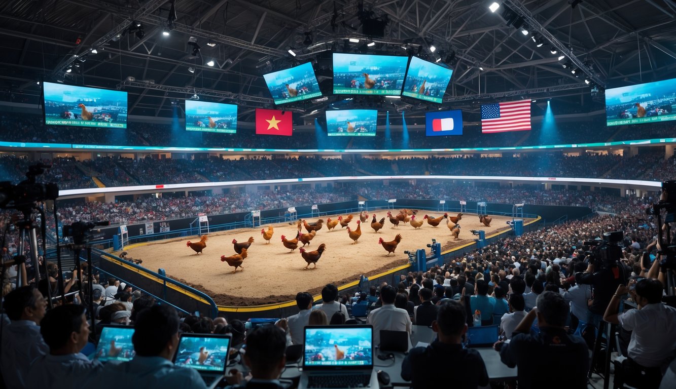 Arena sabung ayam internasional dengan penonton ramai dan burung jago sedang bertarung, dilengkapi kamera dan peralatan siaran langsung.