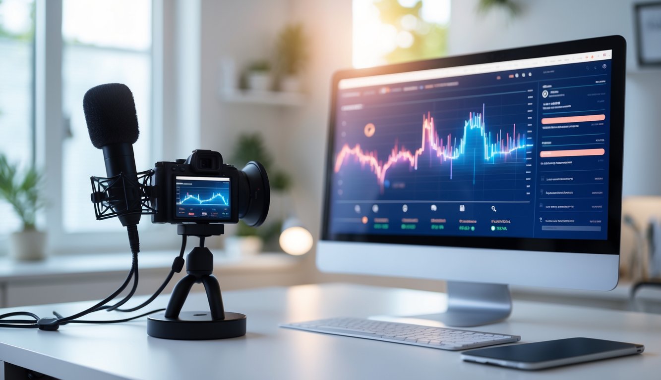 Sebuah ruang kerja modern dengan peralatan streaming langsung dan komputer yang menampilkan antarmuka transaksi online.