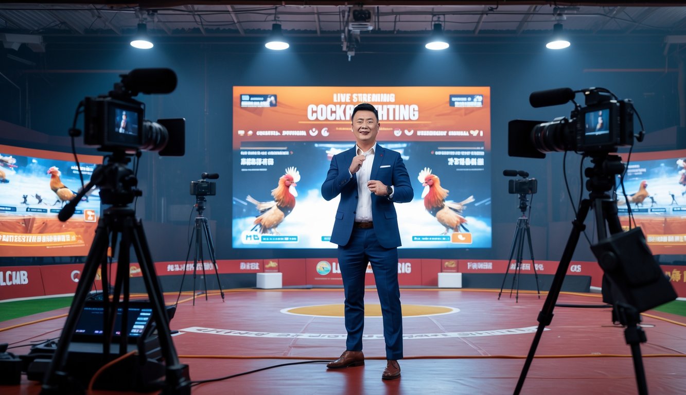 Seorang pembawa acara profesional sedang melakukan siaran langsung sabung ayam dengan peralatan kamera dan mikrofon di ruangan yang terang dan rapi.