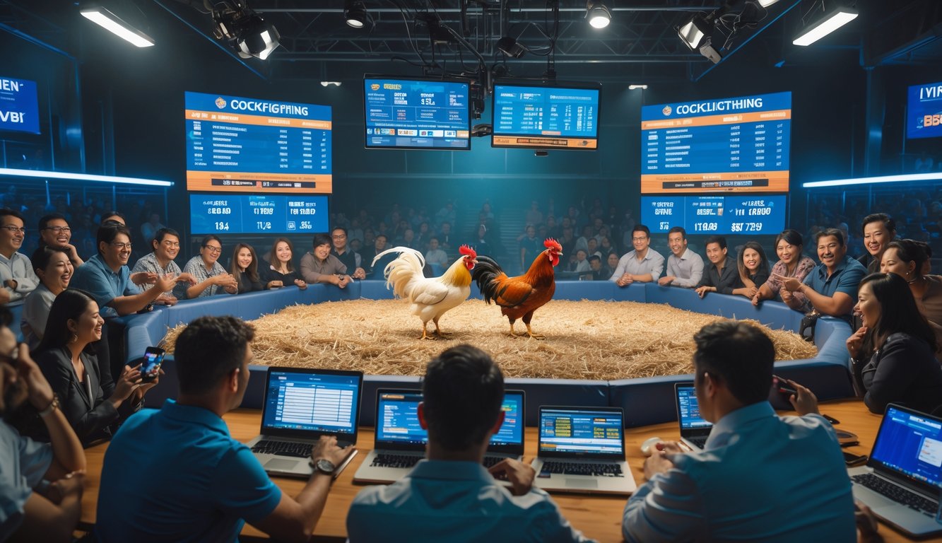 Suasana studio live streaming sabung ayam dengan dua ayam bertarung dan orang-orang memasang taruhan menggunakan laptop dan ponsel.