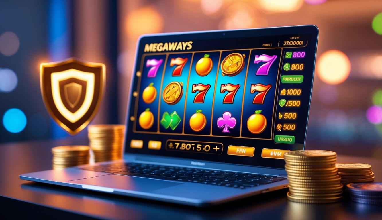 Seorang pemain menggunakan laptop dengan layar menampilkan permainan slot Megaways online yang berwarna-warni dan menarik.