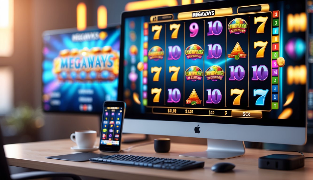 Meja kerja modern dengan monitor menampilkan permainan slot Megaways online yang berwarna-warni dan perangkat pendukung seperti ponsel dan cangkir kopi.