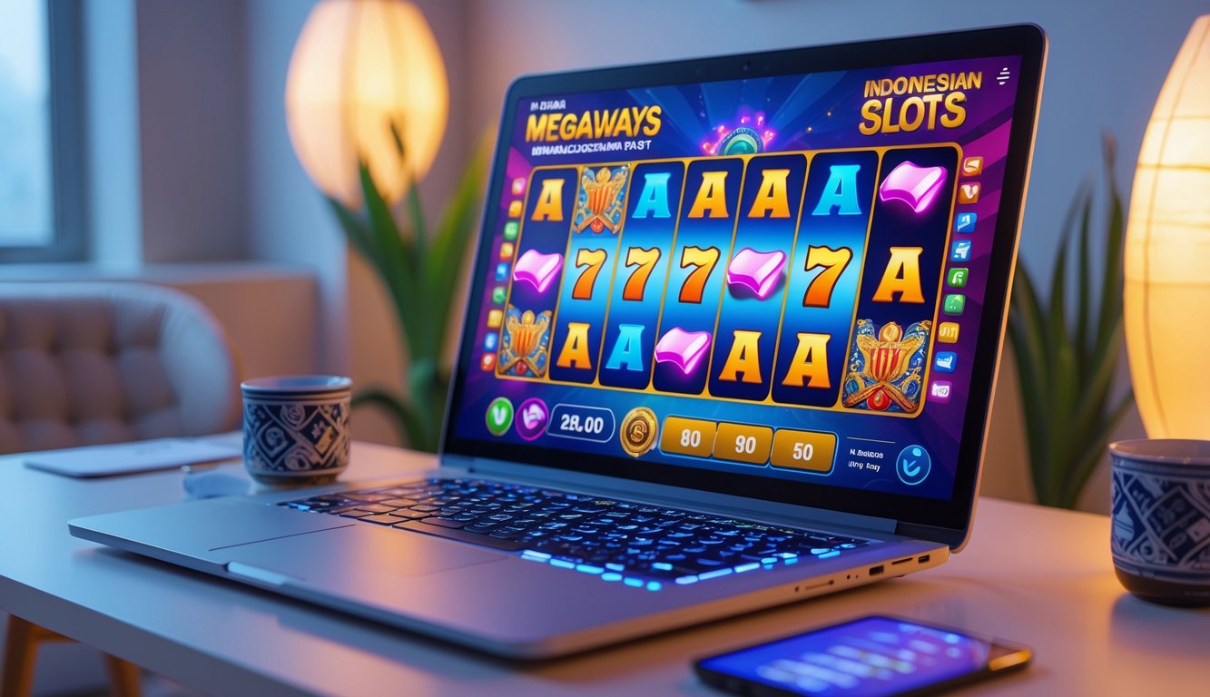 Seorang pemain menggunakan komputer dengan layar menampilkan permainan slot online berwarna-warni di meja kerja yang rapi dengan dekorasi batik dan bendera Indonesia kecil.