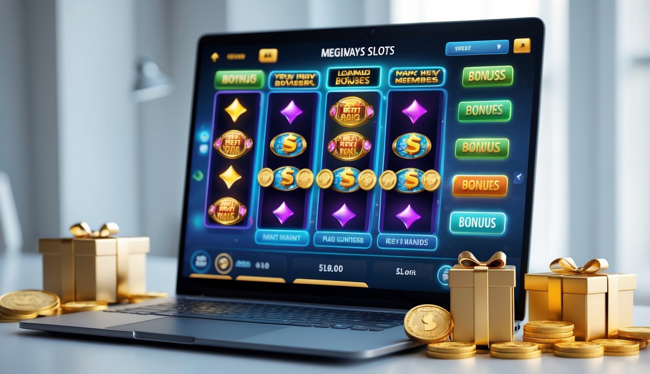 Seorang pengguna sedang bermain permainan slot Megaways di komputer dengan koin dan hadiah di meja.