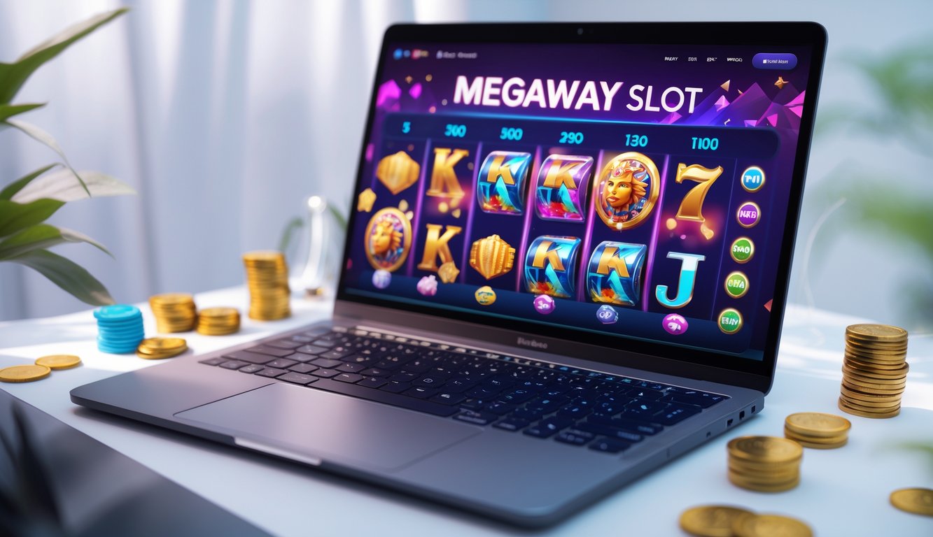 Seorang pemain sedang menggunakan komputer dengan layar menampilkan permainan slot online yang penuh warna, dikelilingi oleh beberapa koin dan chip kecil.