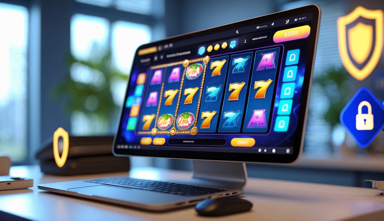 Seorang pengguna sedang bermain mesin slot online di komputer dengan simbol keamanan dan kepercayaan di sekitarnya.