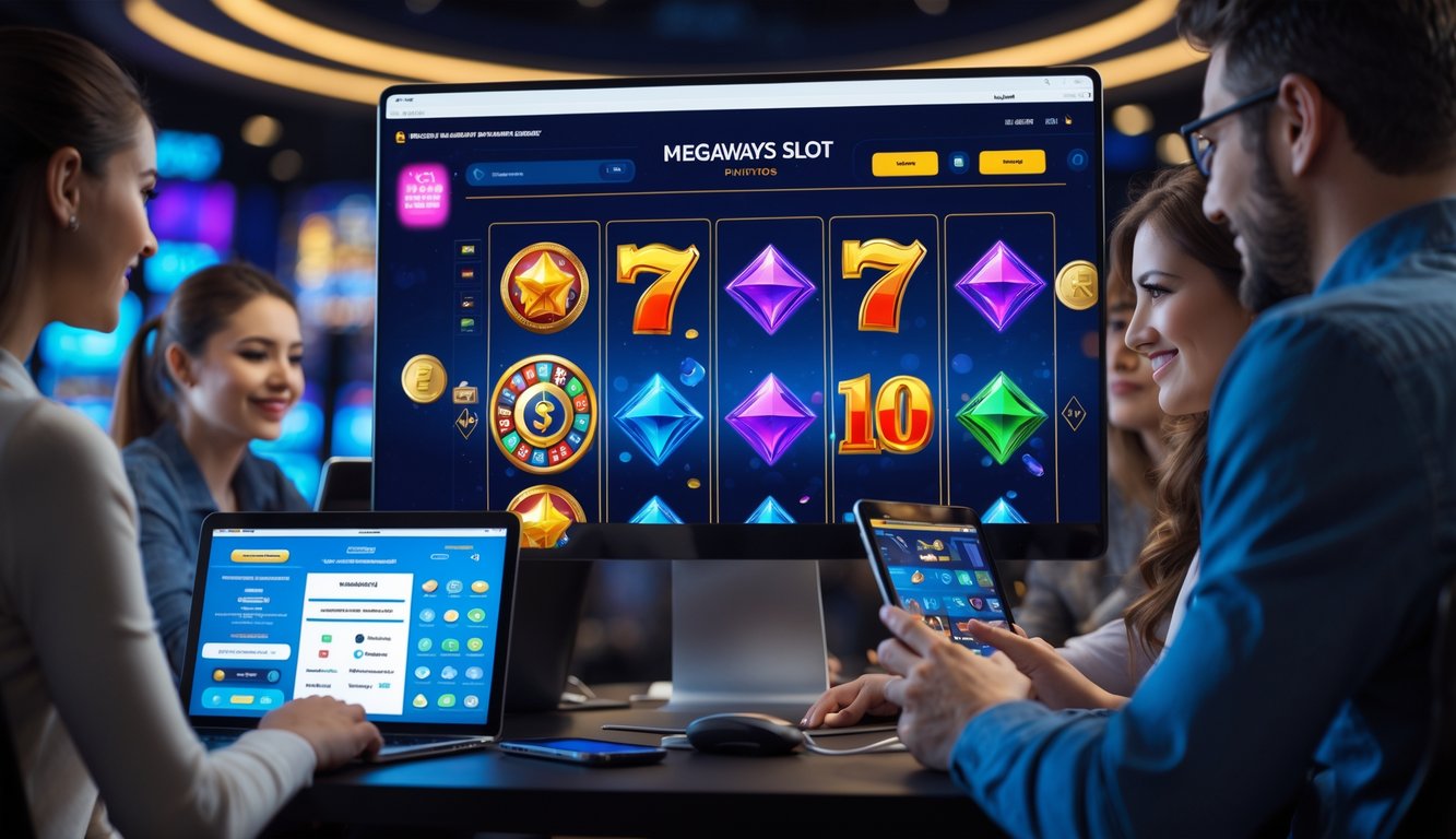 Orang-orang bermain permainan slot online Megaways di berbagai perangkat dalam suasana kasino digital yang modern dan terpercaya.