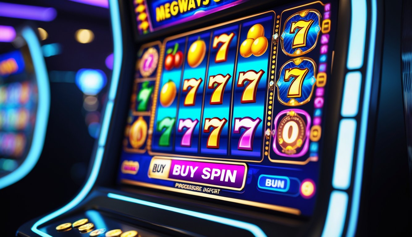 Antarmuka mesin slot online dengan gulungan berwarna-warni, tombol fitur beli putaran, dan meter jackpot progresif yang menyala.