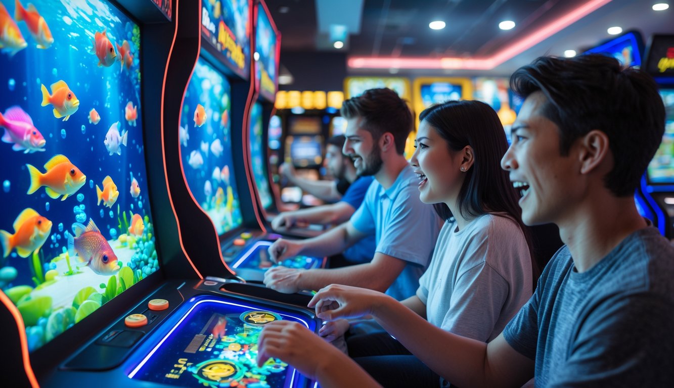 Beberapa orang sedang bermain mesin judi tembak ikan di pusat permainan dengan suasana cerah dan penuh semangat.