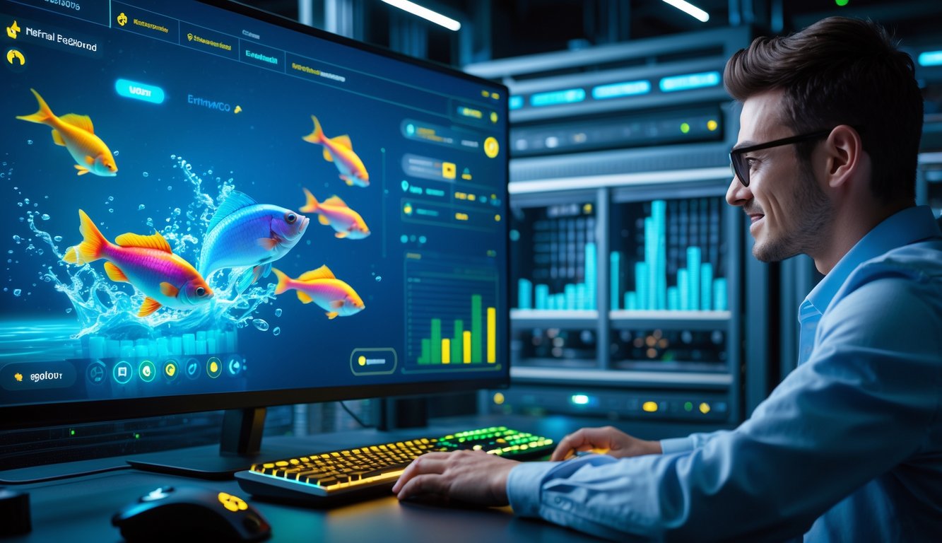 Seorang pemain menggunakan perangkat modern untuk bermain game tembak ikan dengan latar belakang ikan berwarna-warni dan ruangan server yang futuristik.