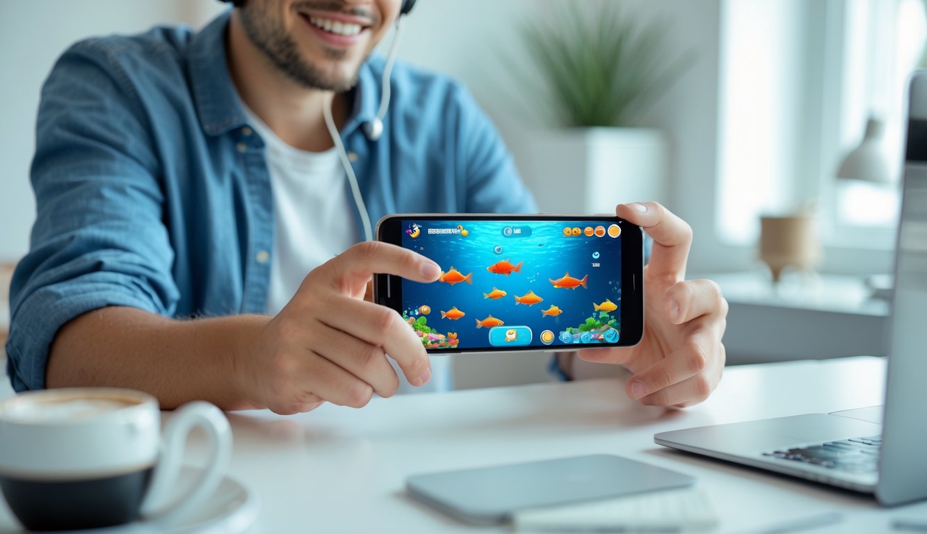 Seseorang sedang bermain game tembak ikan di ponsel dengan latar ruangan yang rapi dan pencahayaan alami.