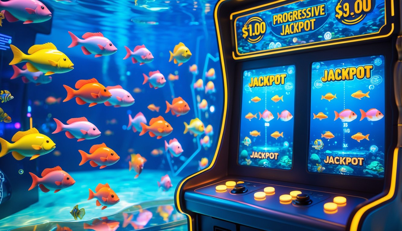 Suasana permainan tembak ikan dengan ikan berwarna-warni dan konsol arcade modern yang menyala di latar bawah laut.