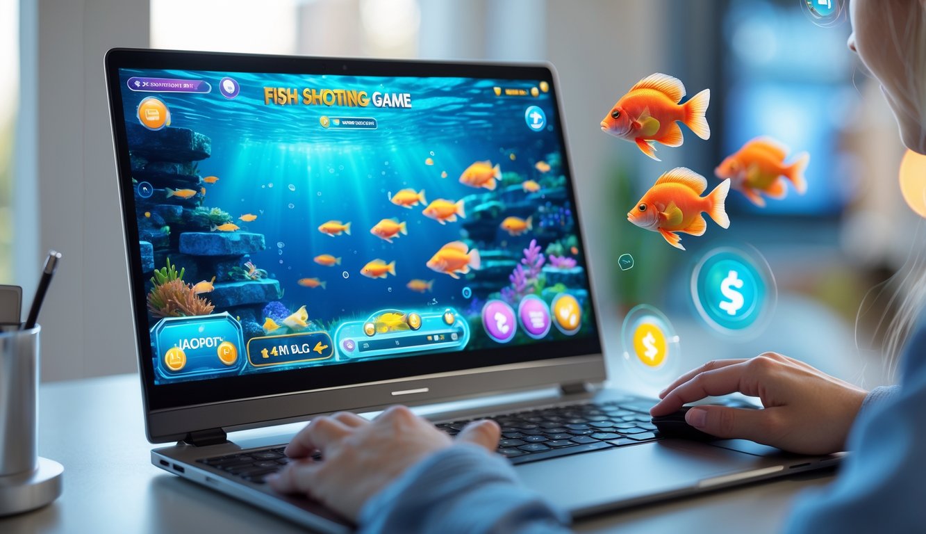 Seorang pemain menggunakan komputer dengan layar menampilkan permainan tembak ikan berwarna-warni di lingkungan gaming yang nyaman.