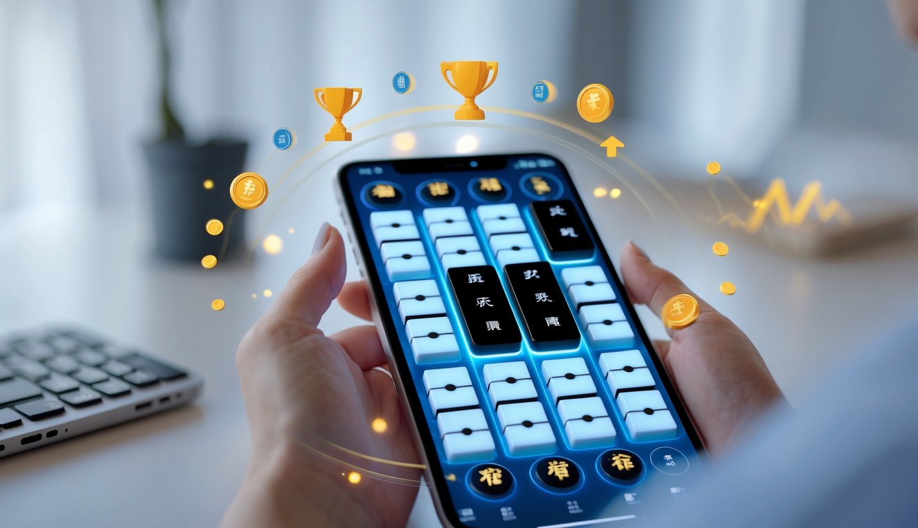 Layar perangkat menampilkan permainan Mahjong digital dengan ubin hitam, dikelilingi ikon piala dan koin yang melambangkan peluang menang tinggi.