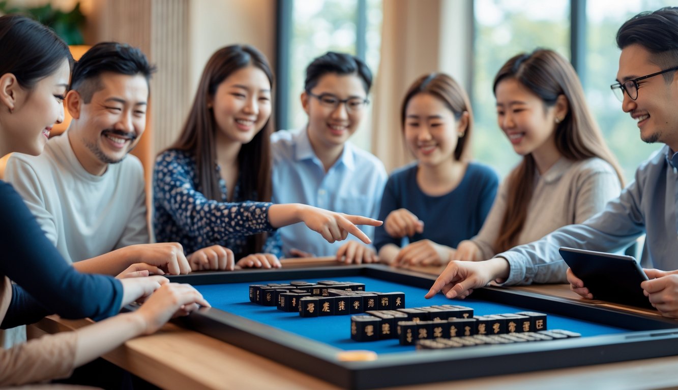 Sekelompok orang pemula sedang belajar bermain mahjong di meja dengan ubin hitam, suasana nyaman dan ramah.