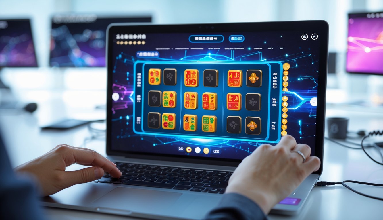 Seseorang sedang bermain permainan Mahjong di komputer dengan tampilan ubin hitam dan suasana ruang kerja yang modern.