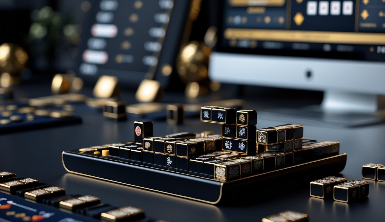 Meja mahjong hitam dengan ubin tersusun rapi dan layar komputer yang menampilkan antarmuka permainan online di latar belakang.