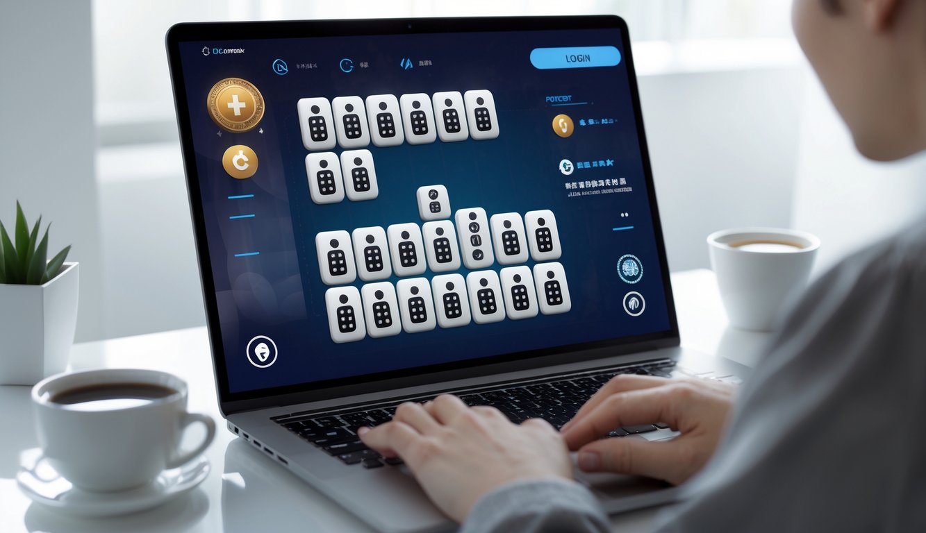 Seorang pria menggunakan laptop untuk bermain Mahjong dengan ubin hitam di ruang kerja yang rapi dan terang.