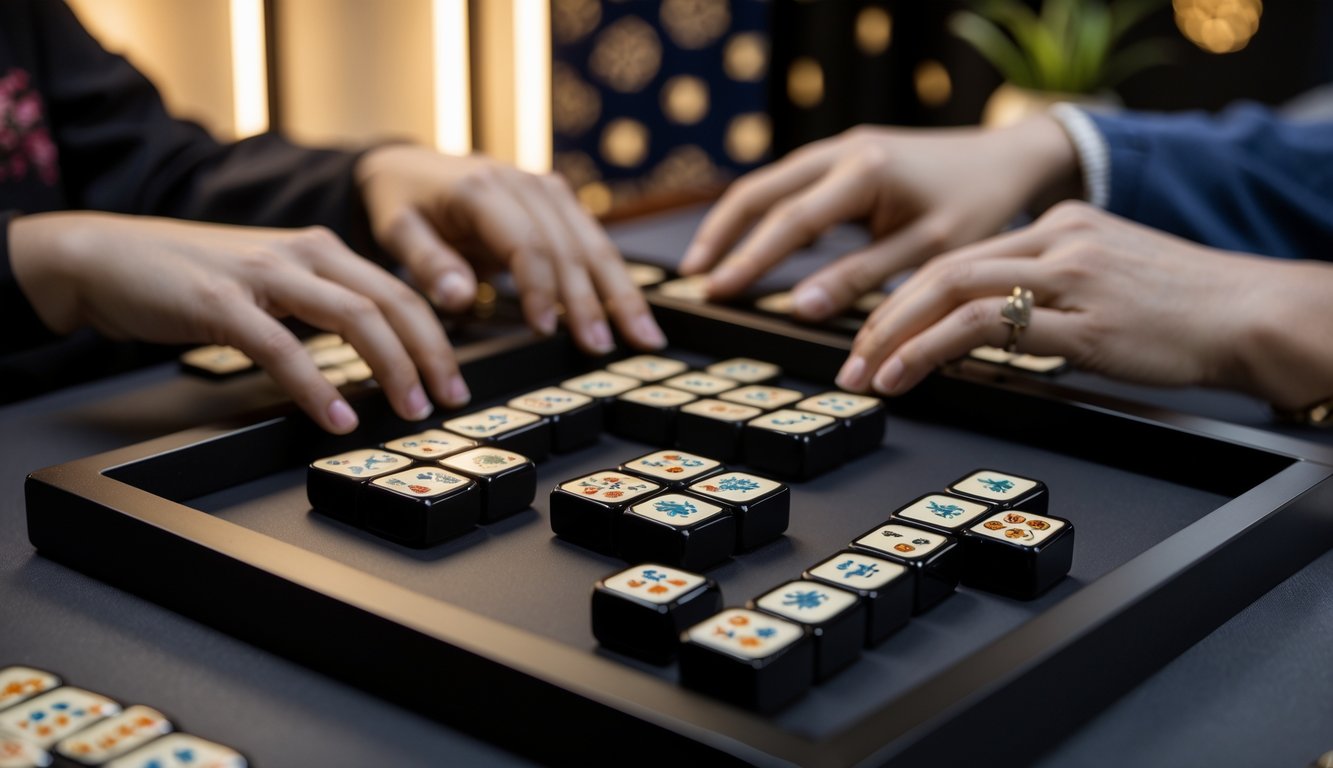 Meja permainan mahjong hitam dengan ubin mahjong tersusun rapi dan tangan orang yang sedang bermain di latar dengan elemen budaya Indonesia.