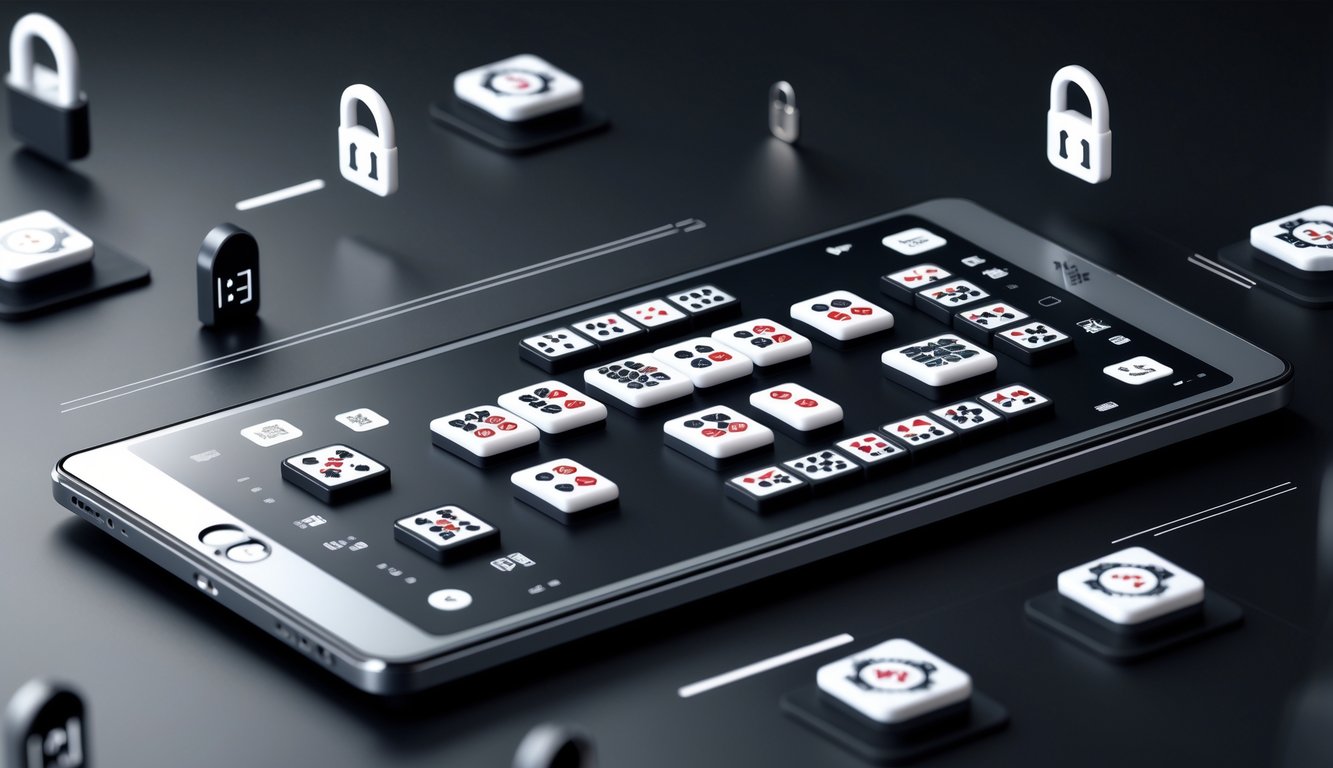 Layar komputer menampilkan permainan Mahjong dengan tema hitam, dikelilingi ikon pembayaran dan simbol keamanan yang menunjukkan transaksi cepat dan aman.