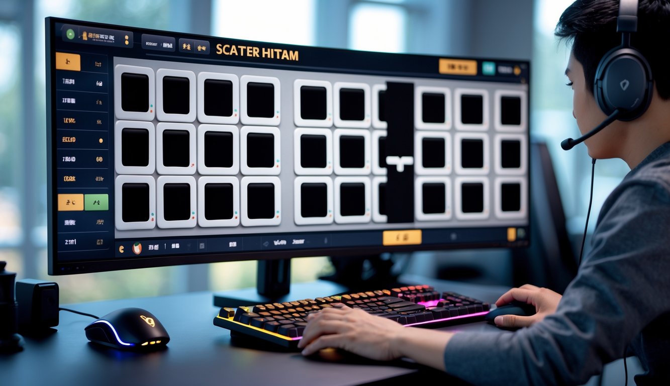 Seorang pemain sedang bermain game Mahjong online dengan tampilan layar yang menampilkan ubin hitam, di meja dengan perangkat gaming.