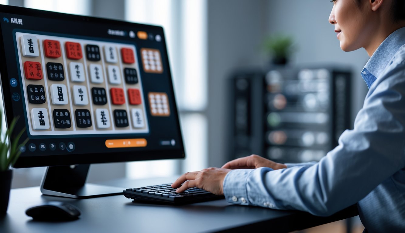 Seorang pengguna sedang bermain permainan Mahjong di komputer dengan latar belakang ruangan modern dan peralatan teknologi.