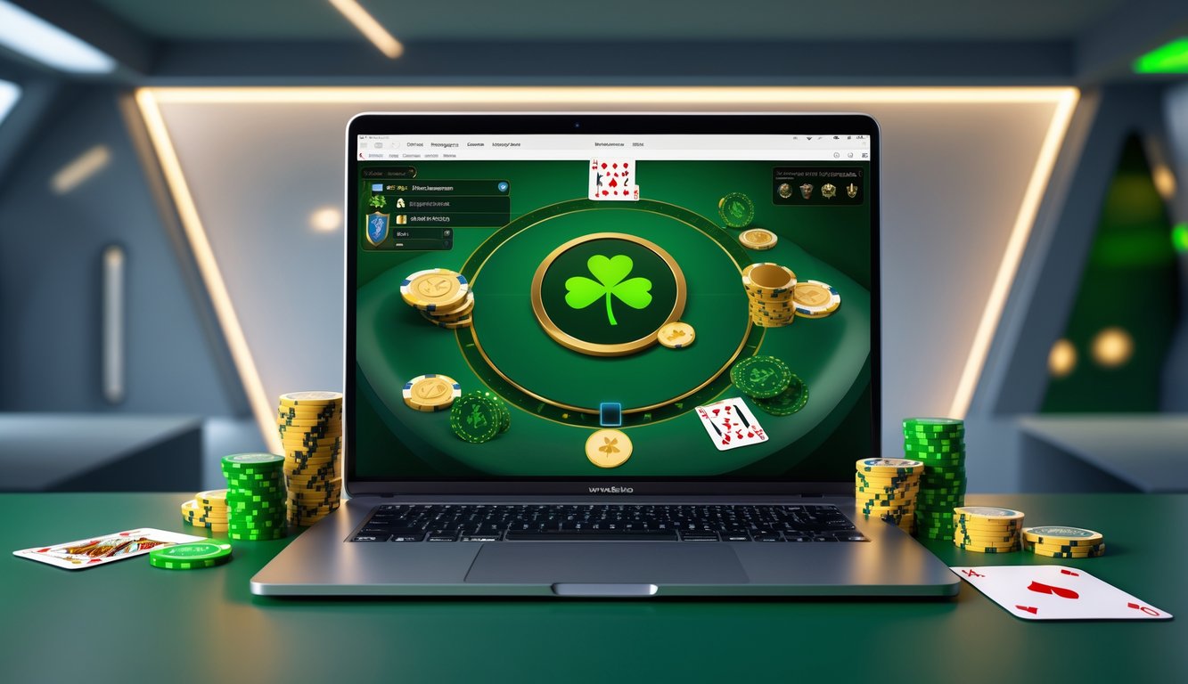 Sebuah meja dengan komputer yang menampilkan permainan poker online dengan chip poker dan kartu, dihiasi simbol shamrock yang melambangkan tema Irlandia.