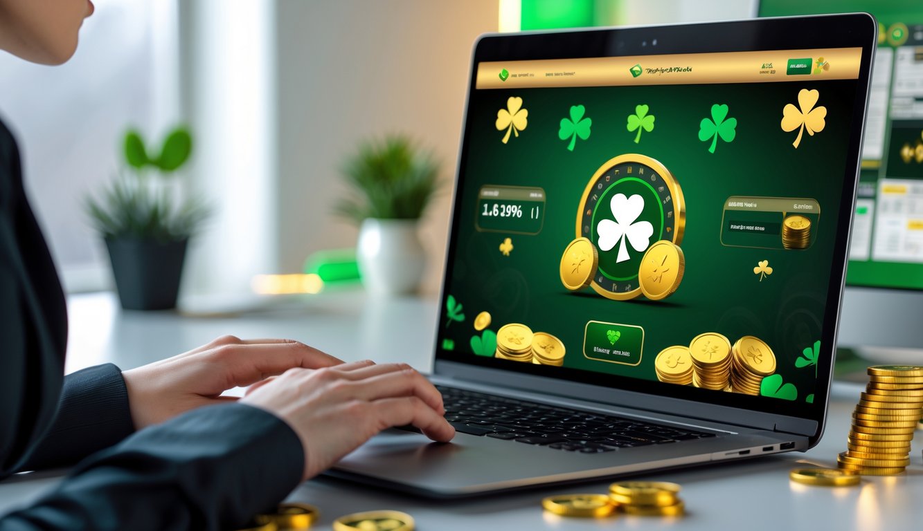 Seseorang bermain poker online dengan tema Irlandia di depan layar komputer dalam ruangan yang terang dan rapi.