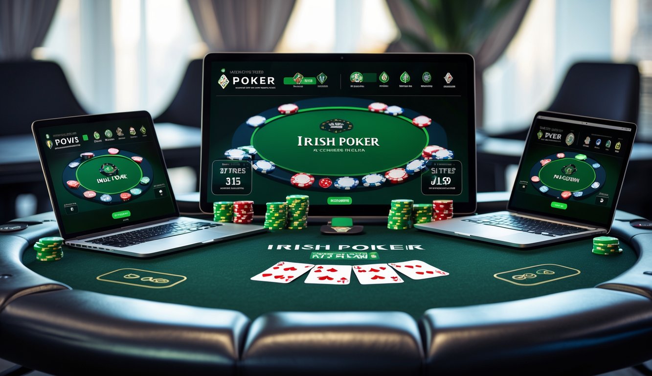 Meja poker modern dengan perangkat digital menampilkan permainan poker online dan chip taruhan.
