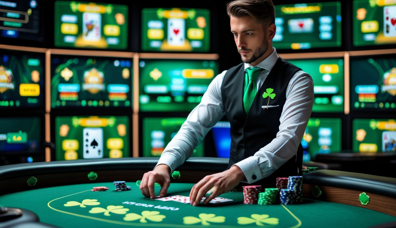 Seorang dealer profesional sedang membagikan kartu di meja poker dengan latar belakang layar digital menampilkan permainan poker online bertema Irlandia.